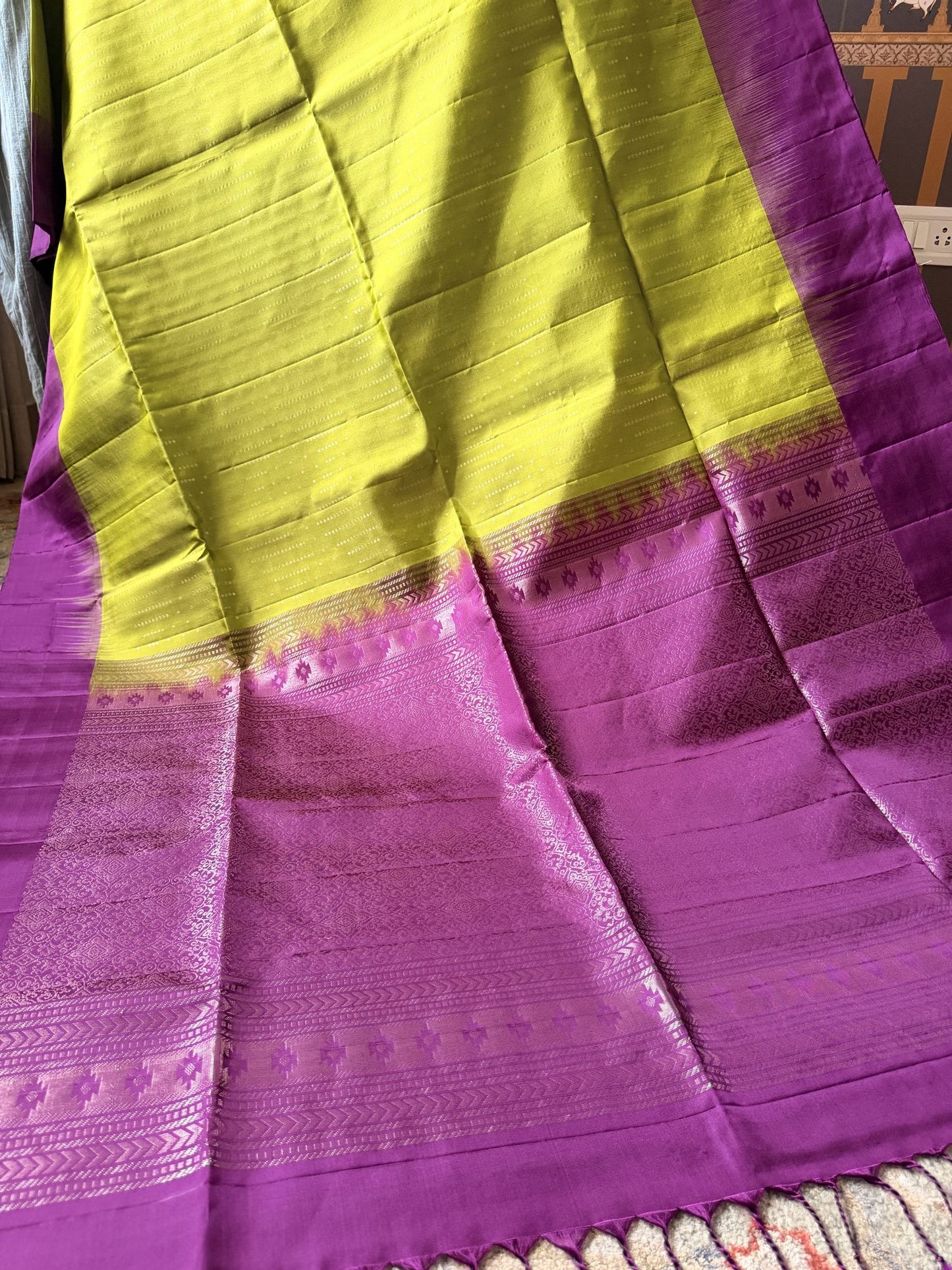 Mehendi Green & Violet Soft Silk Saree with Lotus Woven Border | Nesavu Collection