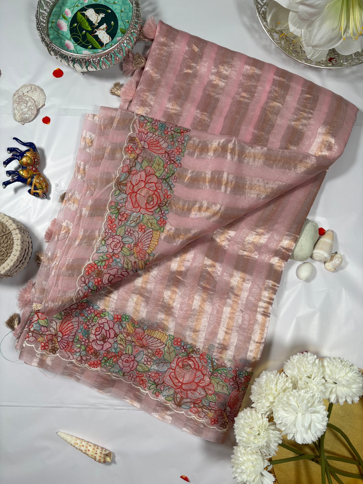 Organza Silk — Floral Shadow Embroidery, Blush Pink
