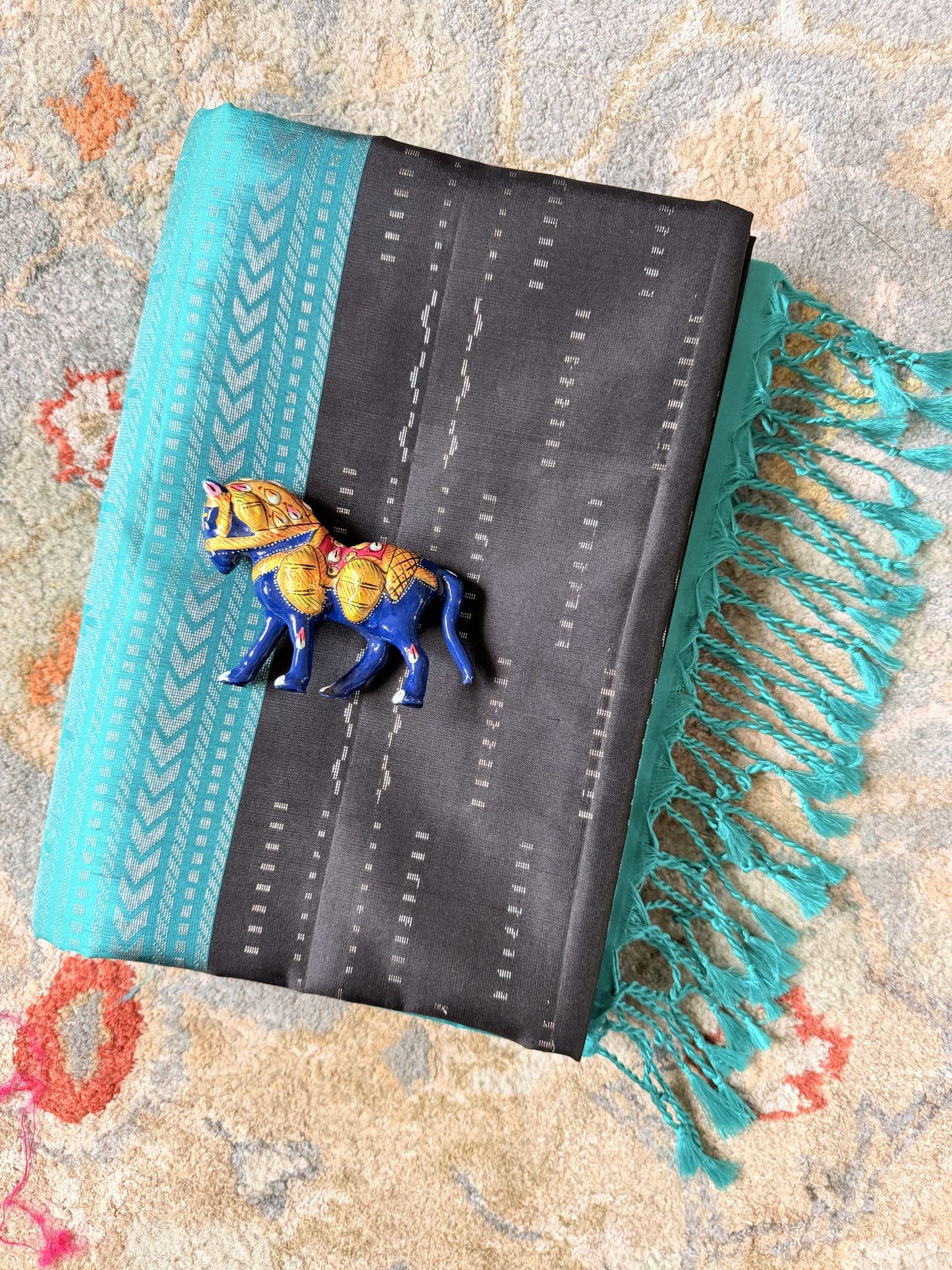 Black Soft Silk Saree with Teal Woven Border | Nesavu Collection