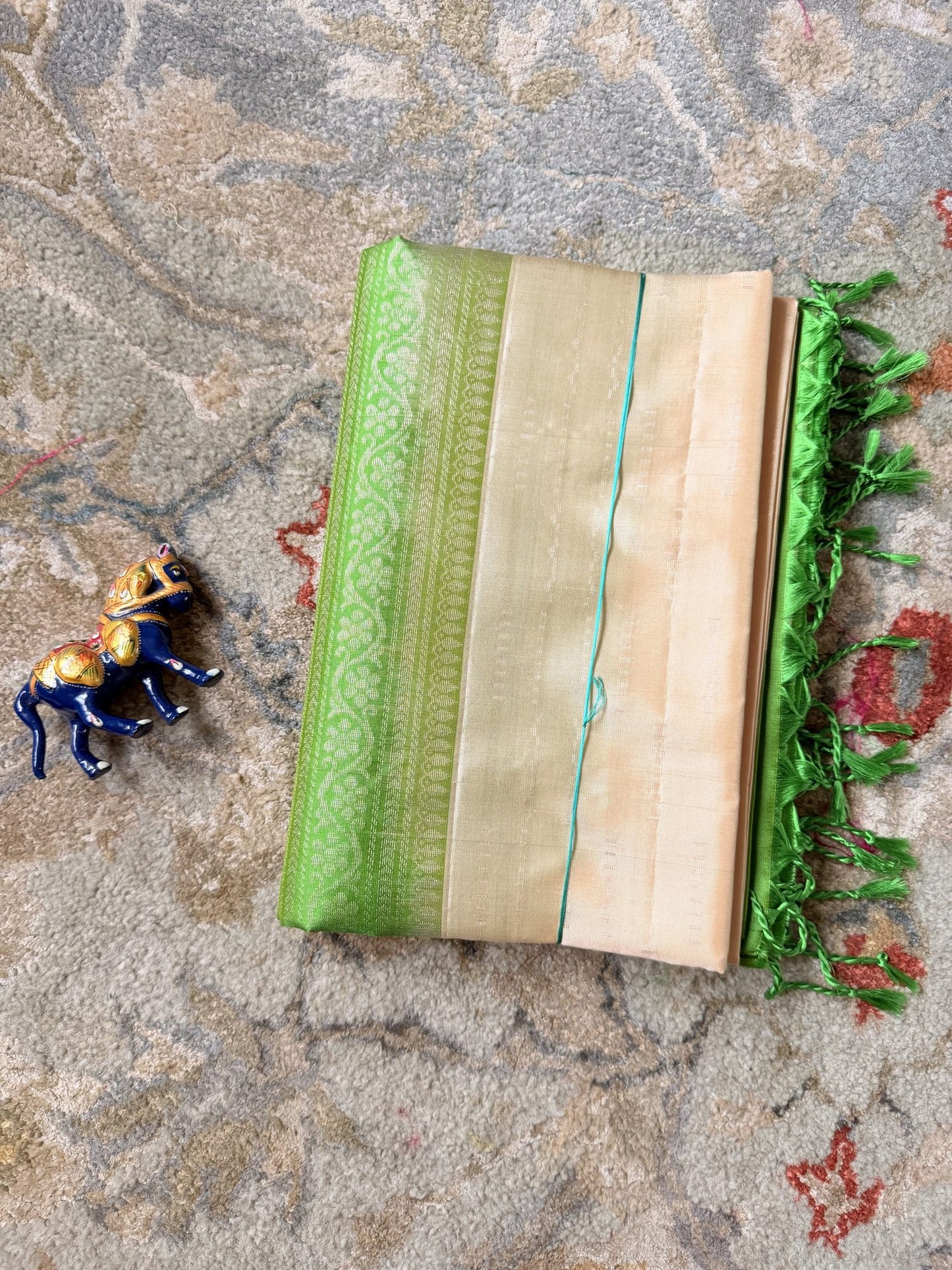 Champagne Gold Soft Silk Saree with Lime Green Woven Border | Nesavu Collection