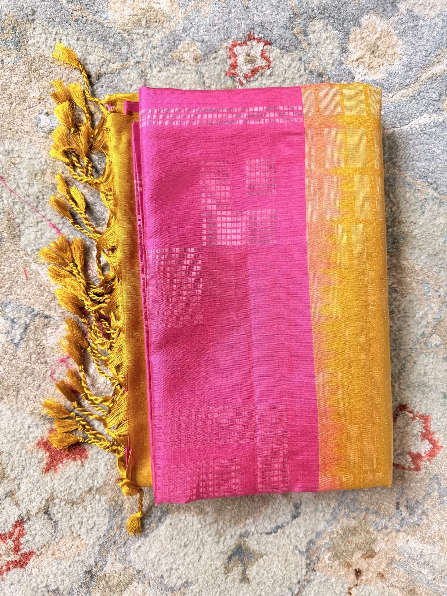 Mustard Yellow & Rani Pink Soft Silk Saree with Woven Checks | Nesavu Collection