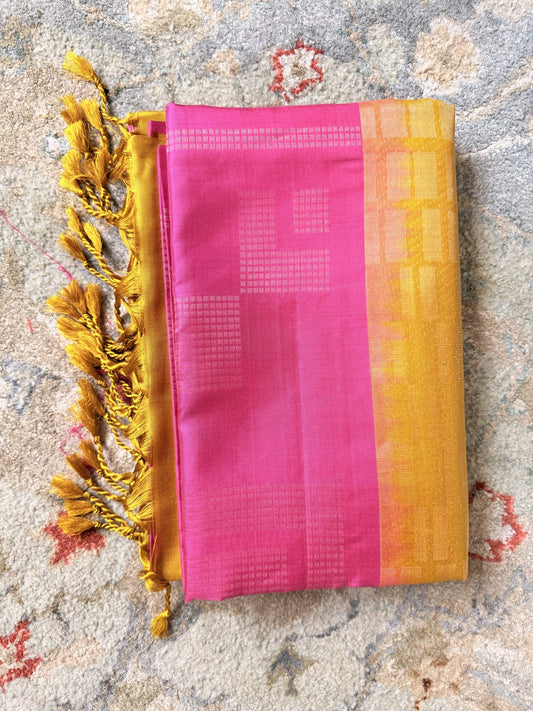 Mustard Yellow & Rani Pink Soft Silk Saree with Woven Checks | Nesavu Collection