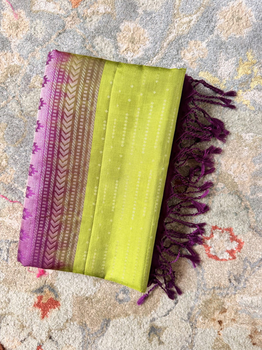 Mehendi Green & Violet Soft Silk Saree with Lotus Woven Border | Nesavu Collection