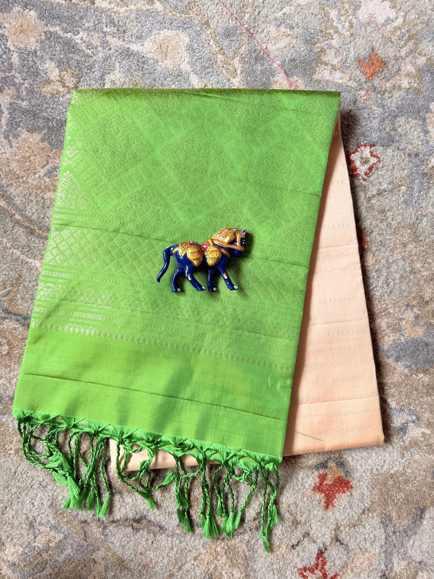 Champagne Gold Soft Silk Saree with Lime Green Woven Border | Nesavu Collection
