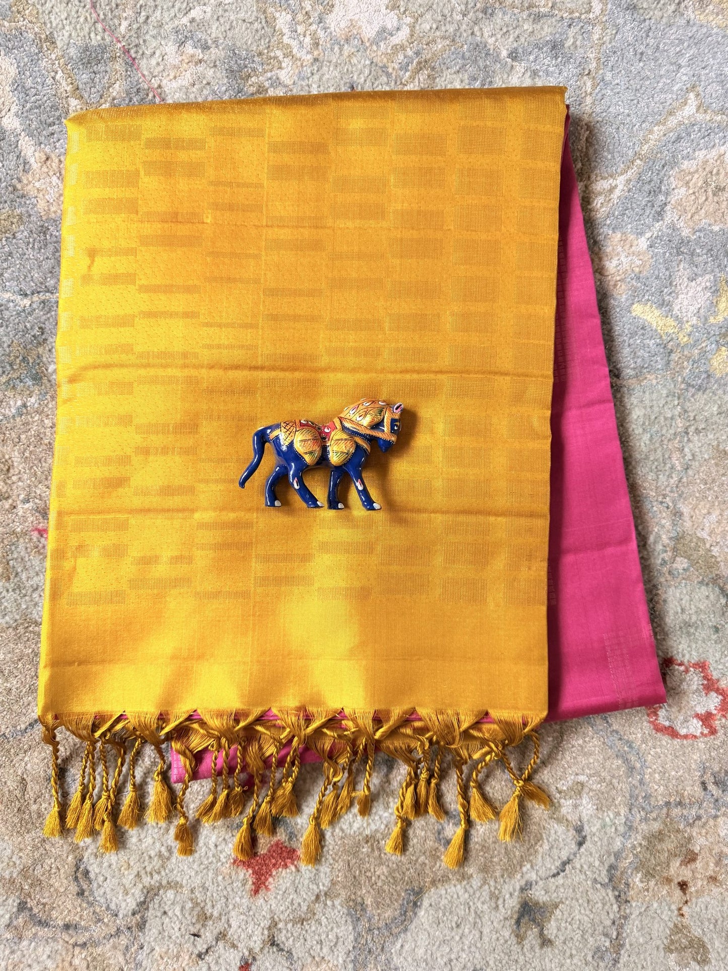 Mustard Yellow & Rani Pink Soft Silk Saree with Woven Checks | Nesavu Collection
