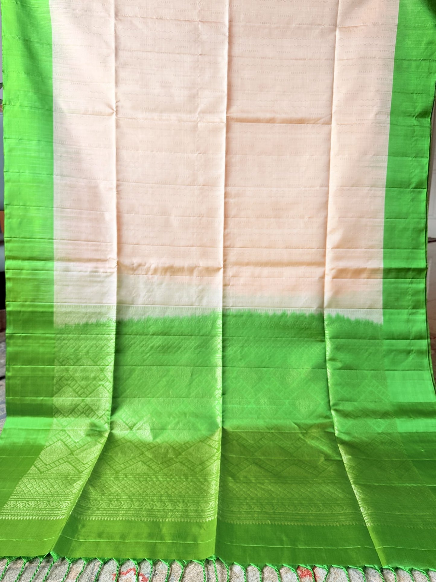 Champagne Gold Soft Silk Saree with Lime Green Woven Border | Nesavu Collection