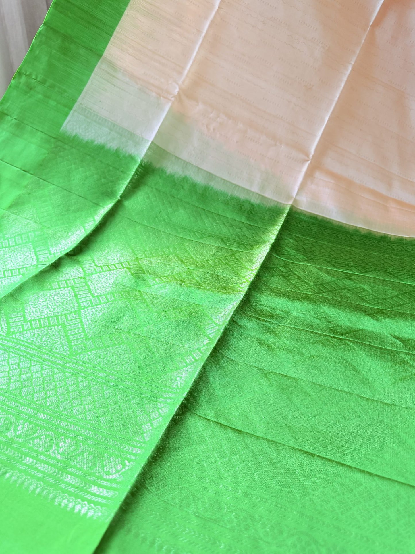 Champagne Gold Soft Silk Saree with Lime Green Woven Border | Nesavu Collection