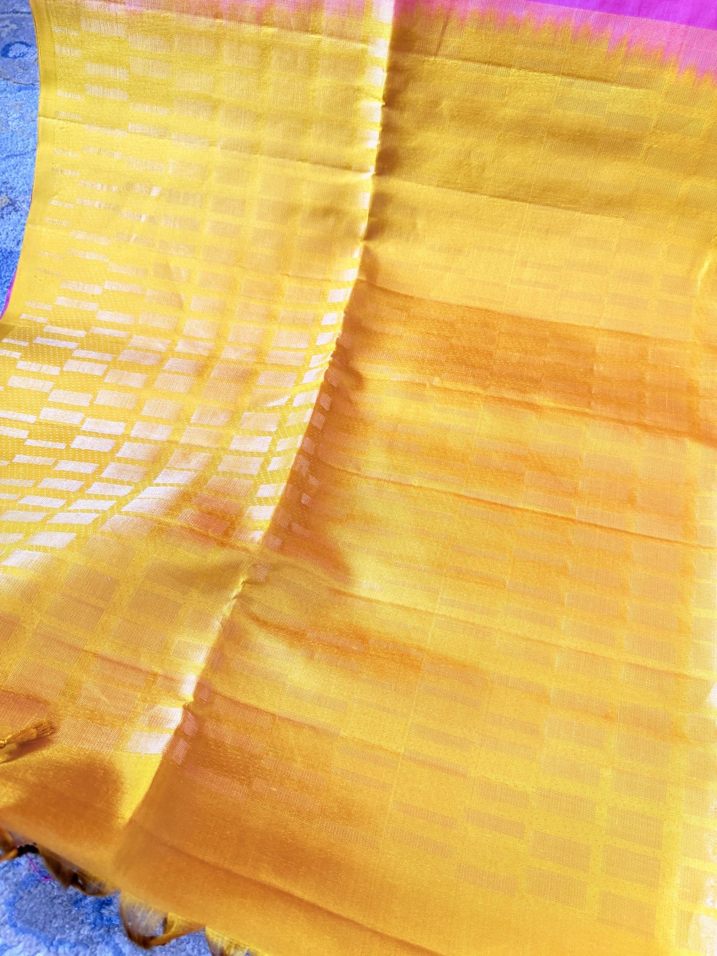 Mustard Yellow & Rani Pink Soft Silk Saree with Woven Checks | Nesavu Collection