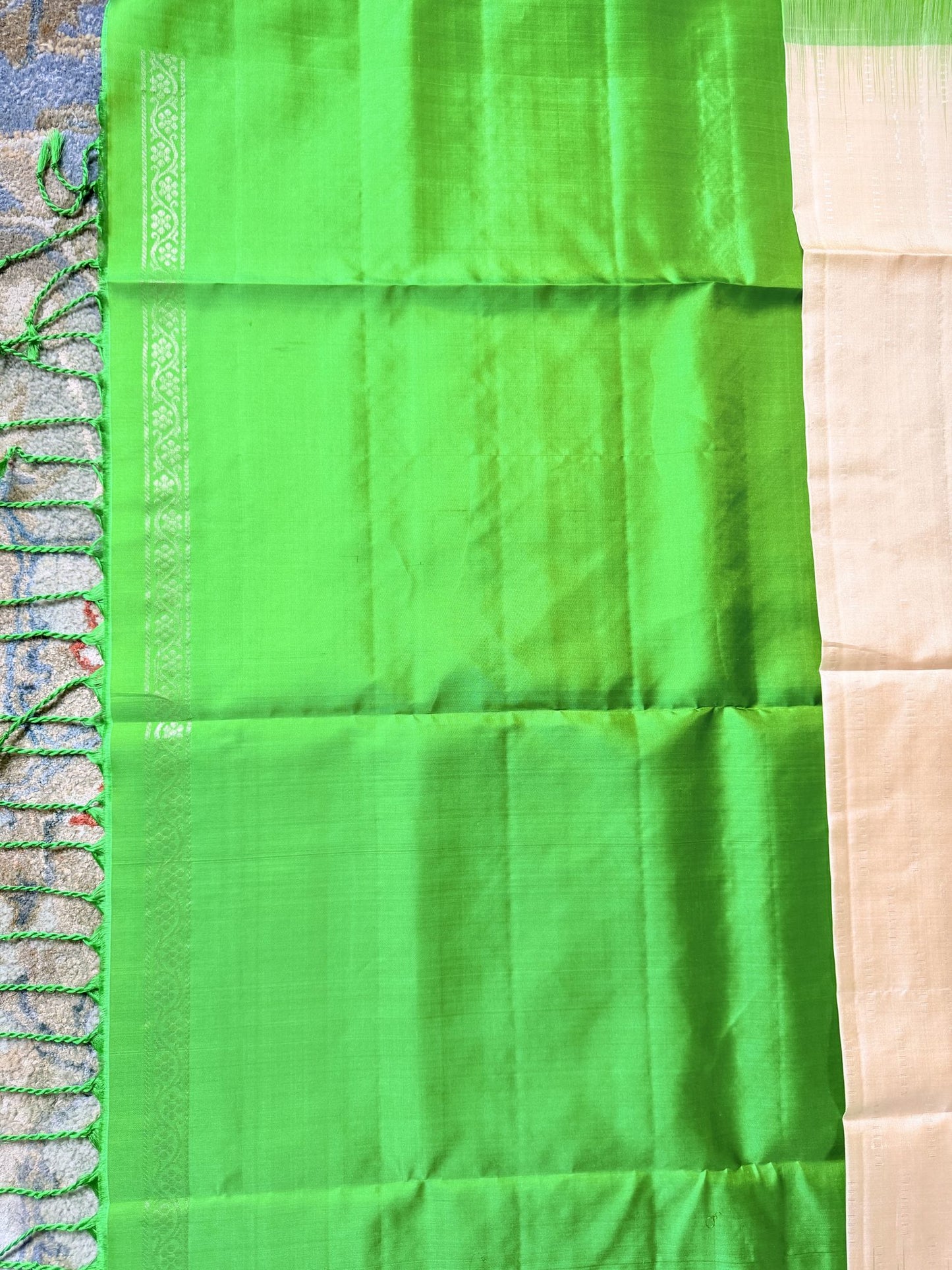 Champagne Gold Soft Silk Saree with Lime Green Woven Border | Nesavu Collection
