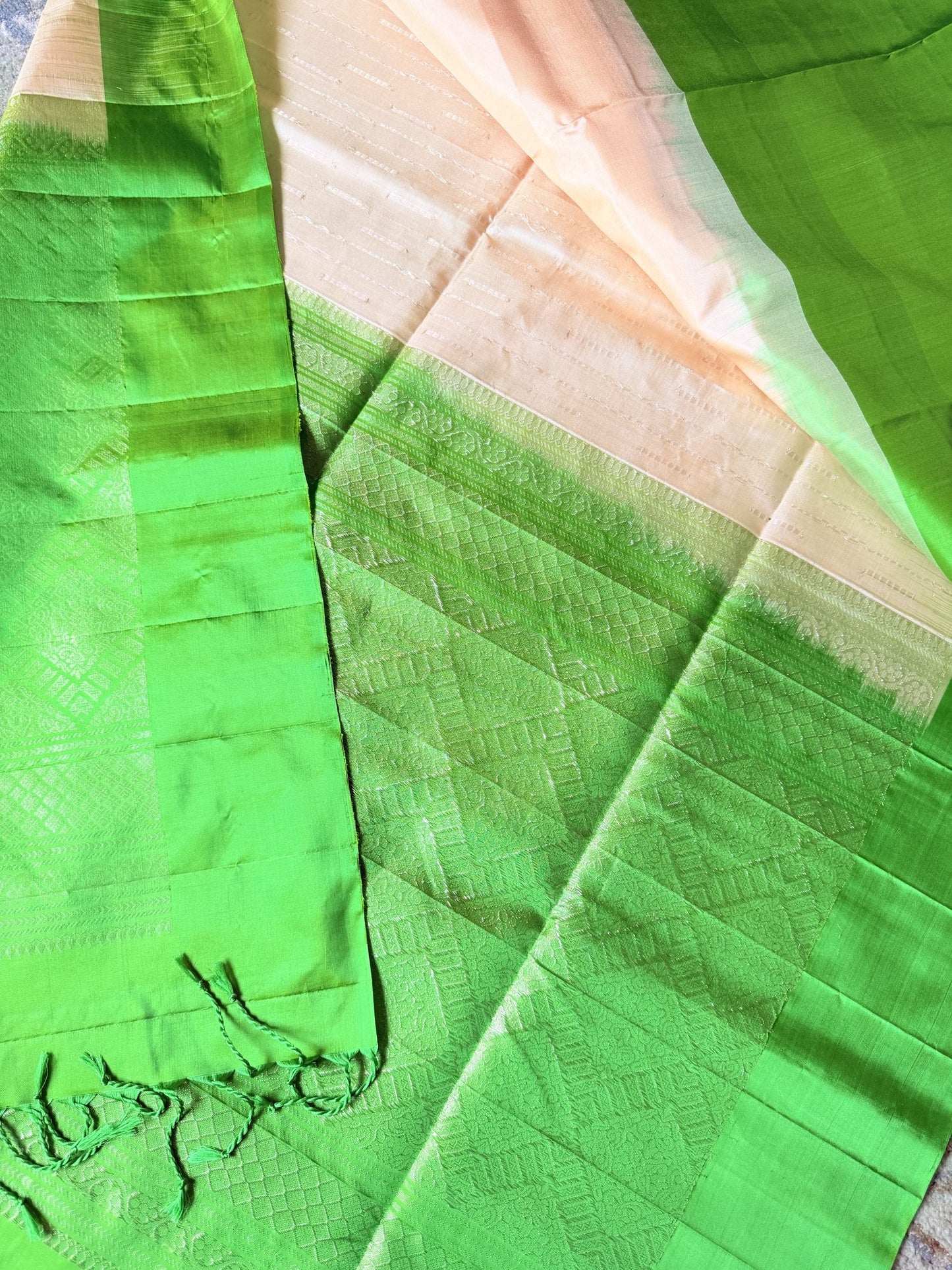Champagne Gold Soft Silk Saree with Lime Green Woven Border | Nesavu Collection