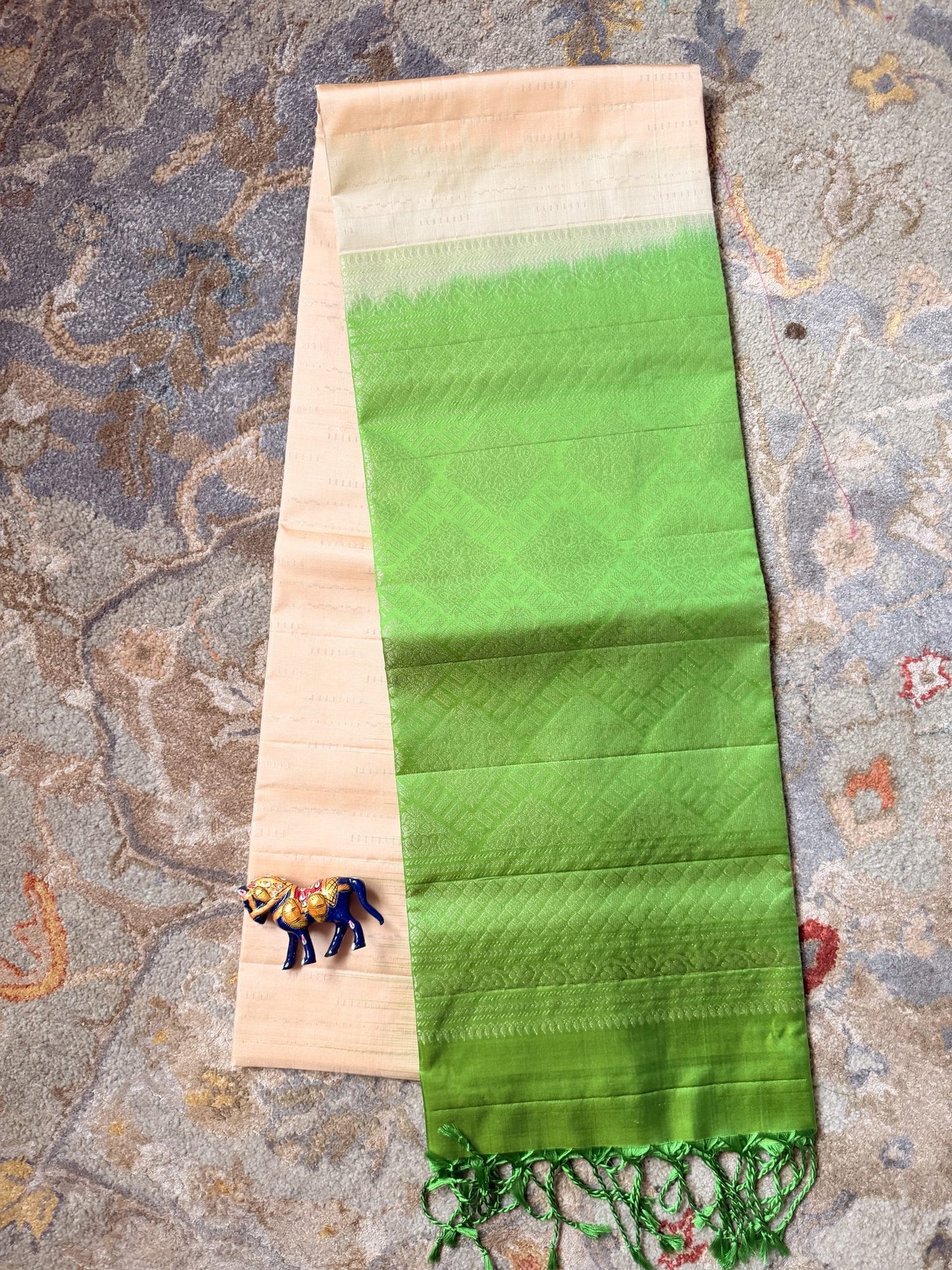 Champagne Gold Soft Silk Saree with Lime Green Woven Border | Nesavu Collection
