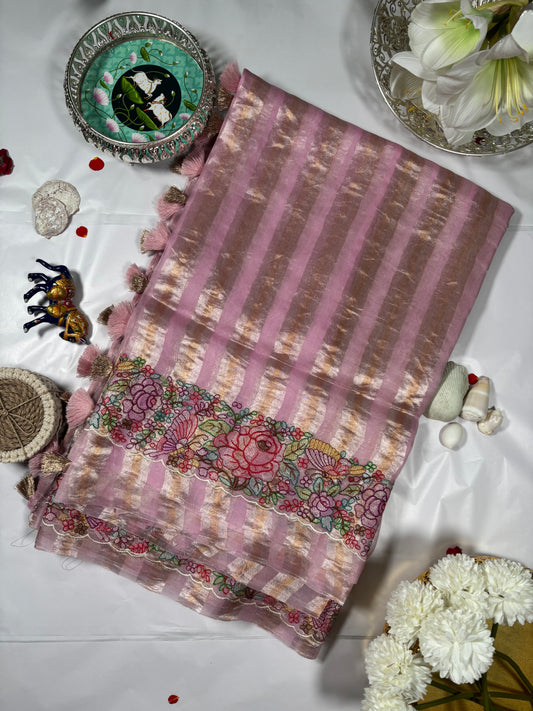 Organza Silk — Floral Shadow Embroidery, Blush Pink