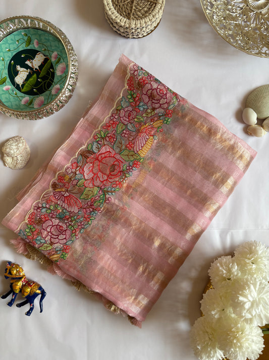 Organza Silk — Floral Shadow Embroidery, Blush Pink