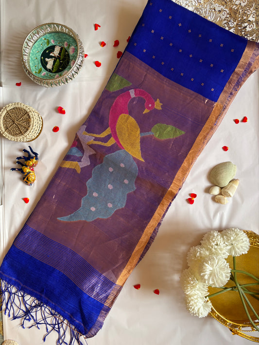 Muslin Kora Jamdani - Paithani Pallu, Royal Blue