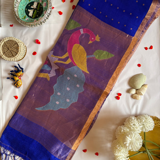 Royal Blue Muslin Kora Jamdani with Paithani Pallu